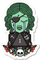 sticker of a crying half orc rogue character with natural one D20 roll vector