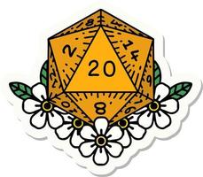 sticker of a natural 20 D20 dice roll with floral elements vector