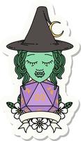 sticker of a half orc witch character with natural 20 dice roll vector