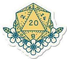 sticker of a natural 20 D20 dice roll with floral elements vector