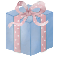 Blue birthday surprise gift with pink ribbon watercolor hand draw png
