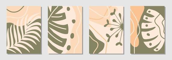 Set of posters with abstract shapes and tropical leaves. vector