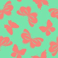 Seamless pattern with hand drawn pink butterflies silhouettes on green background. vector