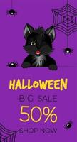 Happy Halloween sale banner or flyer. Cute black kitten with spiders and spiderweb. vector