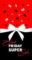 Black Friday. Sale banner, flyer. Text and white bow on black and red background. vector