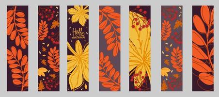 Set autumn bookmarks. Hello autumn. Autumn leaves and rowan berry branch. vector