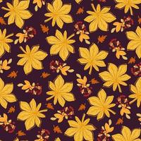 Seamless pattern with autumn leaves of chestnut  and rowan berries on dark purple background. vector