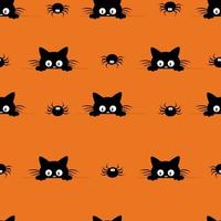 Happy Halloween seamless pattern on orange background with black kitten. Paper cut style. vector