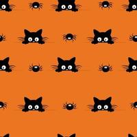 Happy Halloween seamless pattern on orange background with black kitten. Paper cut style. vector