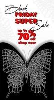 Black Friday. Sale banner, flyer. Text and abstract white butterfly on black and white background. vector