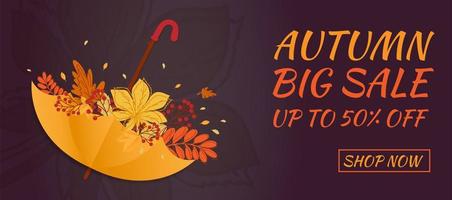 Autumn sale banner. Hello autumn. Umbrella with autumn leaves. vector