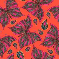 Seamless pattern with pink  butterfly in zentangle style on red background. vector