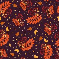 Seamless pattern with autumn leaves  and rowan berries on dark purple background. vector