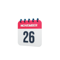 novembro ícone de calendário realista 3d renderizado data 26 de novembro png