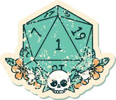 grunge sticker of a natural one dice roll with floral elements vector