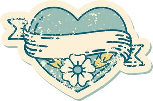 iconic distressed sticker tattoo style image of a heart and banner with flowers vector