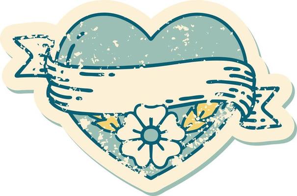 iconic distressed sticker tattoo style image of a heart and banner with flowers