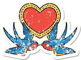 distressed sticker tattoo in traditional style of swallows and a heart vector