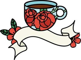 traditional tattoo with banner of a cup and flowers vector