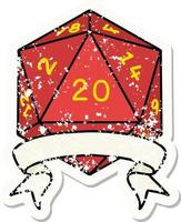 grunge sticker of a natural 20 critical hit D20 dice roll vector