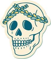 sticker of tattoo in traditional style of a skull with laurel wreath crown vector