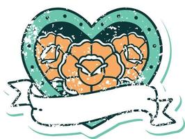 iconic distressed sticker tattoo style image of a heart and banner with flowers vector