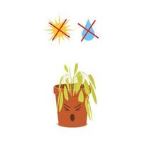 Sad potted plant character with crossed out water drop and sun symbols. Wilted housplant without necessary care vector