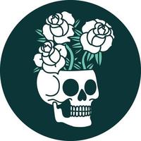 iconic tattoo style image of a skull and roses vector