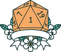 Retro Tattoo Style natural one d20 dice roll vector