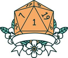 Retro Tattoo Style natural one d20 dice roll vector