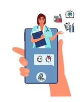 Online Doctor Consultation Concept. Hand Holds Phone With Woman Doctor Giving Treatment Recommendations. Flat Vector Illustration. Medical Icons.