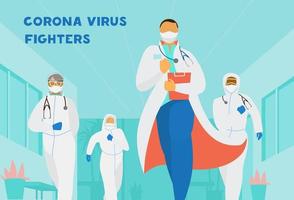 Coronavirus fighters. Different races doctors in masks and protective clothes in hospital. Contemporary heroes concept. Flat vector illustration.