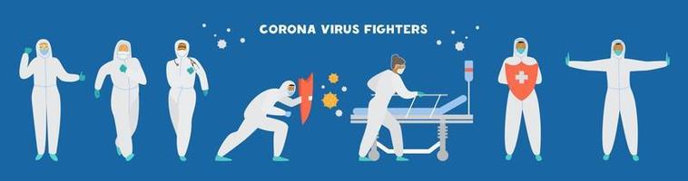 Coronavirus fighters. Set of doctors in protective overalls, masks, glasses and gloves in different poses, with shield and medical bed. Flat vector illustration.