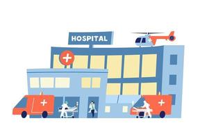 Hospital building with ambulance cars arriving with sick people. Doctors in protective overalls and masks with patient in medical bed during coronavirus epidemic. Flat vector illustration.