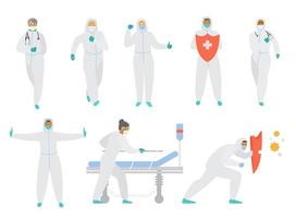 Coronavirus fighters. Set of doctors in protective overalls, masks, glasses and gloves in different poses, with shield and medical bed. Flat vector illustration.
