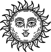 tatuaje en estilo de línea negra de un sol con cara vector