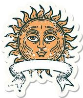 worn old sticker with banner of a sun with face vector