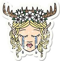 grunge sticker of a crying elf druid character face vector