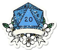 grunge sticker of a natural 20 critical hit D20 dice roll vector