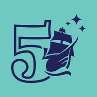 Numeric 5 Old Sail Boat Logo vector