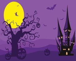 old castle halloween background, old tree and pumpkin jak o lantern vector