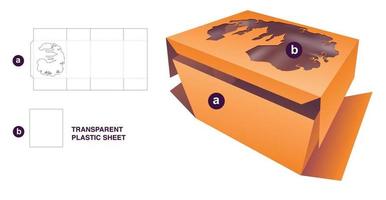 Cardboard folding box Halloween window and transparent plastic sheet die cut template and 3D mockup vector