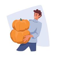 Autumn mood. Man with pumpkins. Vector image.