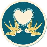 sticker of tattoo in traditional style of swallows and a heart vector