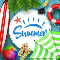 Summer time banner design with white circle for text and beach elements in blue background vector