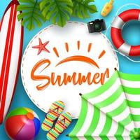 Summer time banner design with white circle for text and beach elements in blue background vector