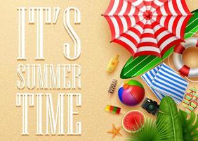 It's summer time banner with tropical leaves, camera, umbrella, surfboard, and lifebuoy above sand summer background vector