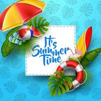 es el diseño de banner de horario de verano con un cuadrado blanco para texto y elementos de playa sobre fondo azul vector