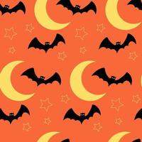 Halloween seamless pattern with bats flying around stars and moon on orange background. Hand drawn vector illustration for party decoration, scrapbooking, textile, wall paper, greeting cards design.