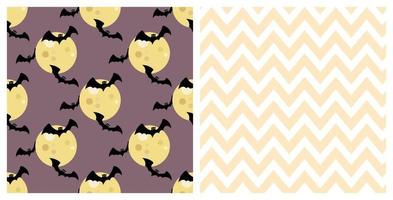 conjunto de patrones sin fisuras de murciélagos espeluznantes de halloween, volando alrededor de la luna y líneas de chevron. fondo para la celebración de halloween, textiles, papeles pintados, papel de envolver, scrapbooking. vector